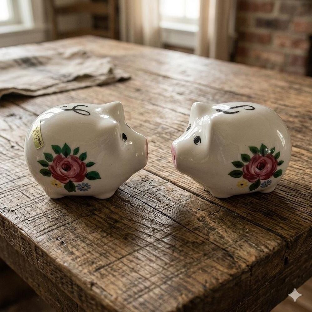 Vintage Ceramic Piggy Salt and Pepper Shaker Set with Hand-Painted Roses